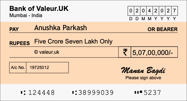 How to write a cheque for 5.07 crore rupees