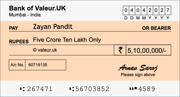 How to write a cheque for 5.1 crore rupees