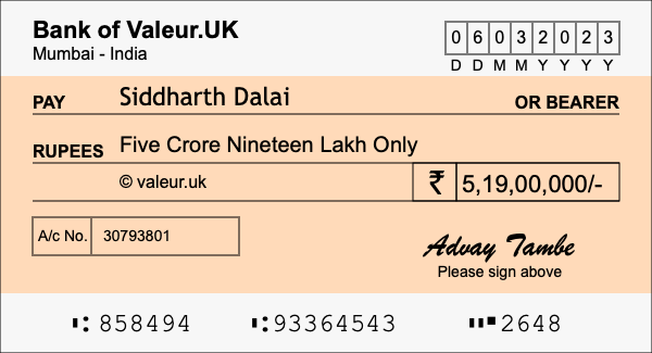 How to write a cheque for 5.19 crore rupees