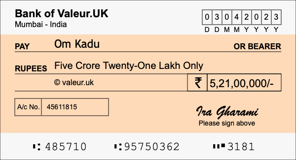 How to write a cheque for 5.21 crore rupees