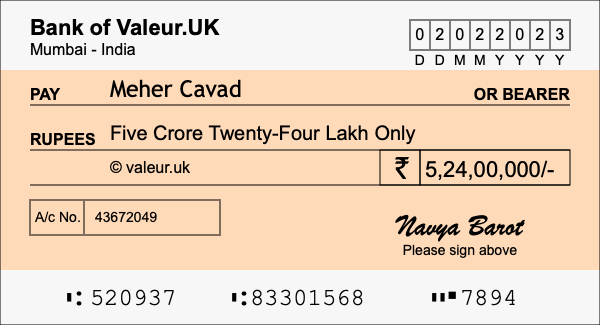 How to write a cheque for 5.24 crore rupees