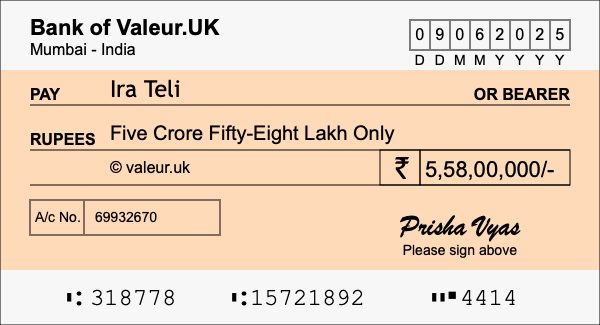 How to write a cheque for 5.58 crore rupees How to write a cheque for 5.58 crore rupees