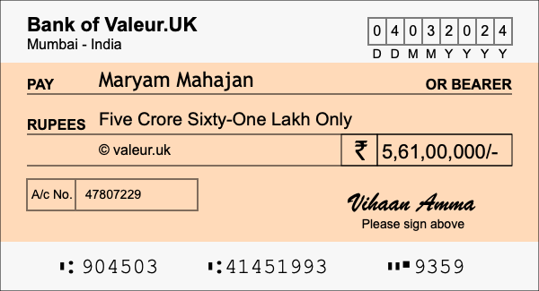 How to write a cheque for 5.61 crore rupees How to write a cheque for 5.61 crore rupees