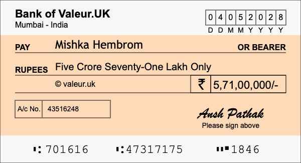 How to write a cheque for 5.71 crore rupees How to write a cheque for 5.71 crore rupees