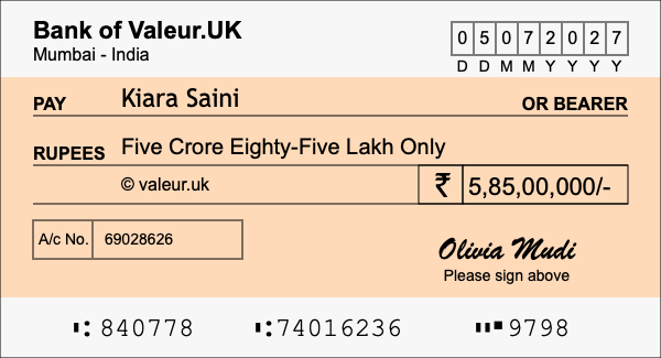 How to write a cheque for 5.85 crore rupees