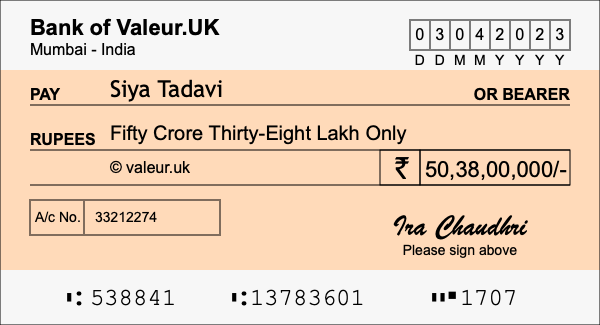 How to write a cheque for 50.38 crore rupees