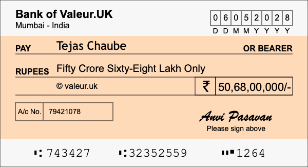 How to write a cheque for 50.68 crore rupees