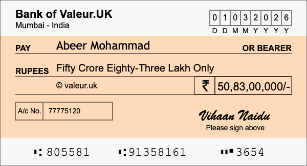 How to write a cheque for 50.83 crore rupees How to write a cheque for 50.83 crore rupees