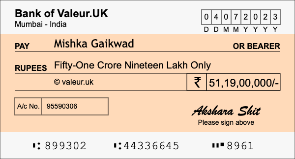 How to write a cheque for 51.19 crore rupees