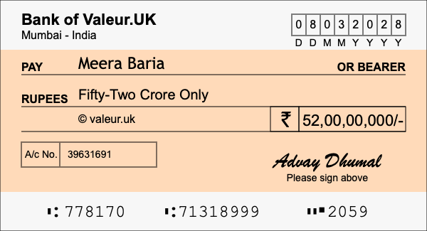 How to write a cheque for 52 crore rupees