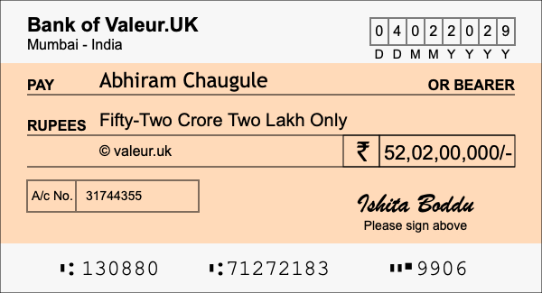 How to write a cheque for 52.02 crore rupees