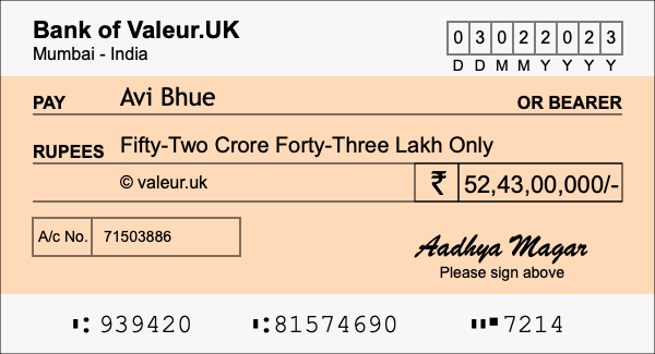How to write a cheque for 52.43 crore rupees