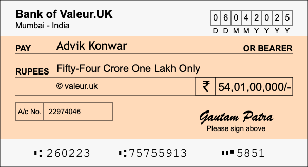 How to write a cheque for 54.01 crore rupees