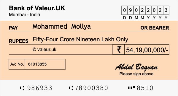 How to write a cheque for 54.19 crore rupees