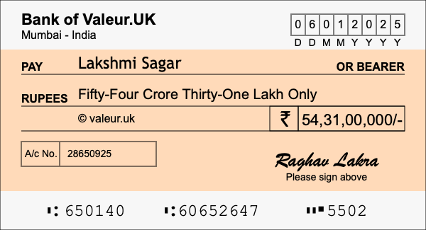 How to write a cheque for 54.31 crore rupees