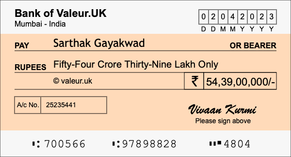 How to write a cheque for 54.39 crore rupees