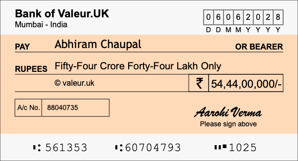 How to write a cheque for 54.44 crore rupees