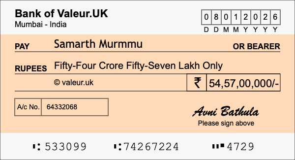 How to write a cheque for 54.57 crore rupees