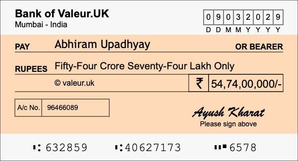 How to write a cheque for 54.74 crore rupees