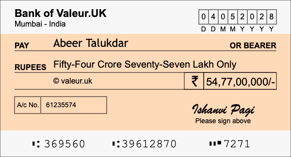 How to write a cheque for 54.77 crore rupees