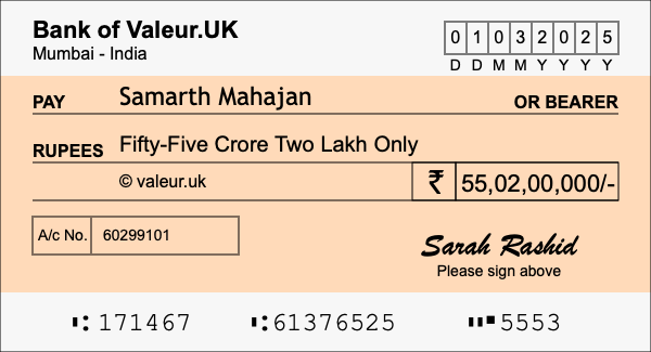 How to write a cheque for 55.02 crore rupees