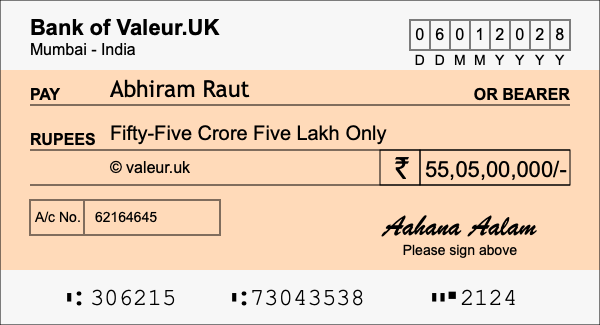 How to write a cheque for 55.05 crore rupees