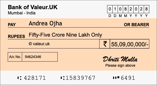 How to write a cheque for 55.09 crore rupees