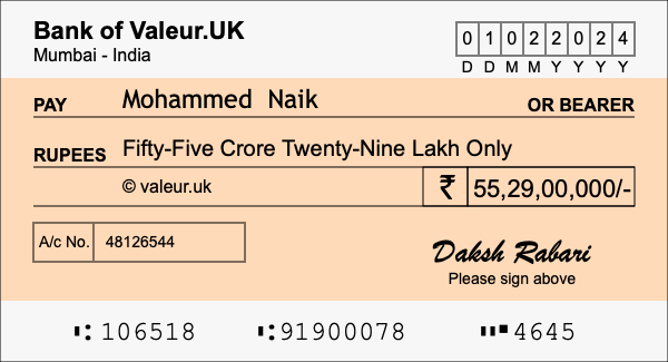 How to write a cheque for 55.29 crore rupees