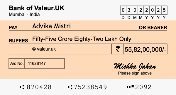 How to write a cheque for 55.82 crore rupees