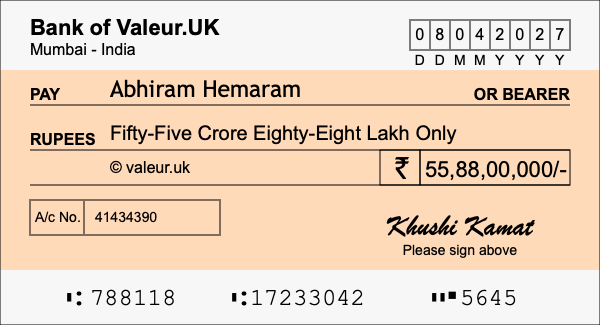 How to write a cheque for 55.88 crore rupees