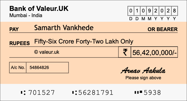 How to write a cheque for 56.42 crore rupees