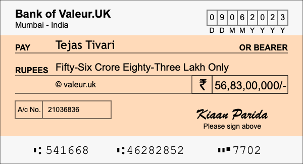 How to write a cheque for 56.83 crore rupees