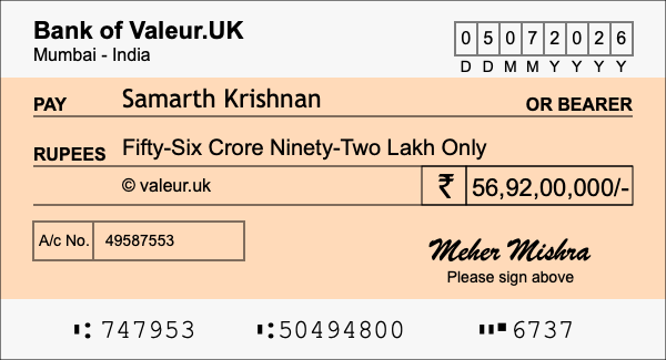 How to write a cheque for 56.92 crore rupees