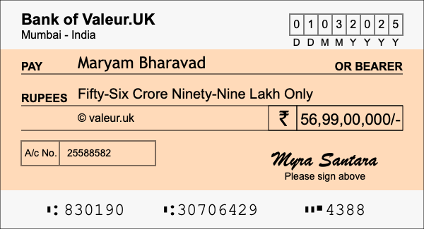 How to write a cheque for 56.99 crore rupees