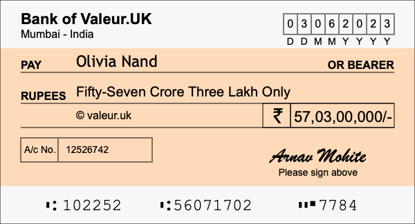How to write a cheque for 57.03 crore rupees
