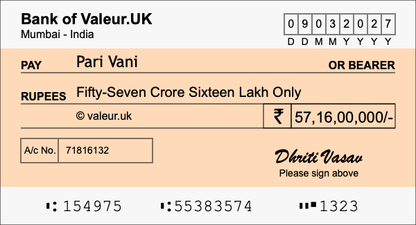 How to write a cheque for 57.16 crore rupees