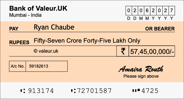 How to write a cheque for 57.45 crore rupees