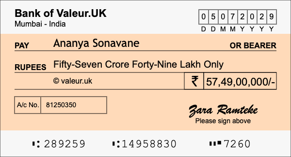 How to write a cheque for 57.49 crore rupees