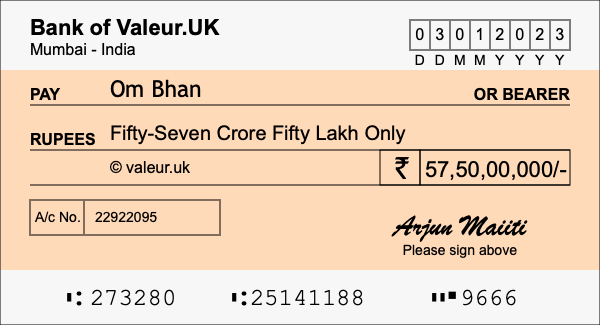 How to write a cheque for 57.5 crore rupees