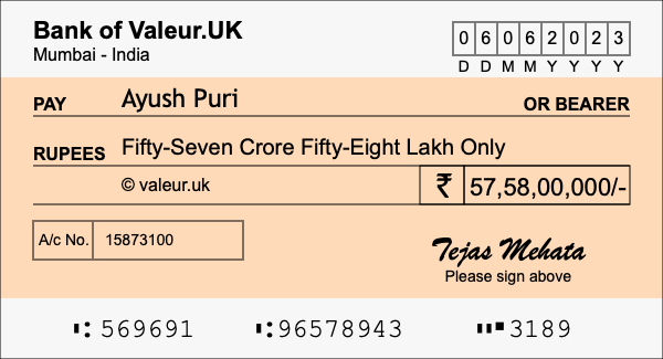 How to write a cheque for 57.58 crore rupees