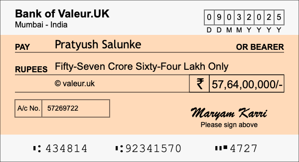 How to write a cheque for 57.64 crore rupees