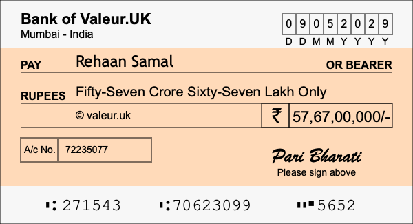 How to write a cheque for 57.67 crore rupees