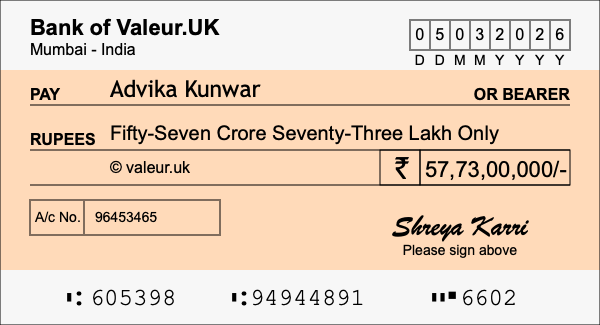 How to write a cheque for 57.73 crore rupees