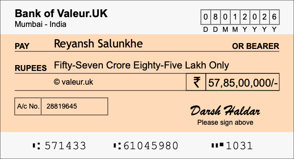How to write a cheque for 57.85 crore rupees