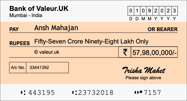 How to write a cheque for 57.98 crore rupees
