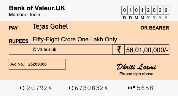 How to write a cheque for 58.01 crore rupees
