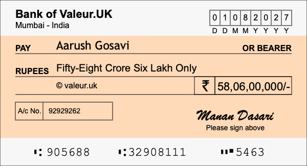 How to write a cheque for 58.06 crore rupees