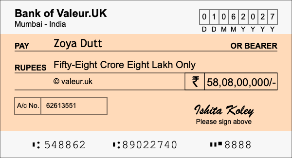 How to write a cheque for 58.08 crore rupees