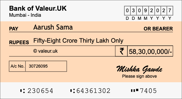 How to write a cheque for 58.3 crore rupees