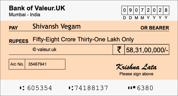 How to write a cheque for 58.31 crore rupees